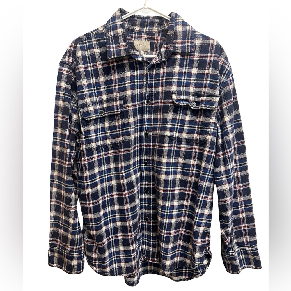 Jachs Men’s XL Plaid Flannel Shirt Navy Red Cream Cotton Workwear Cabin
